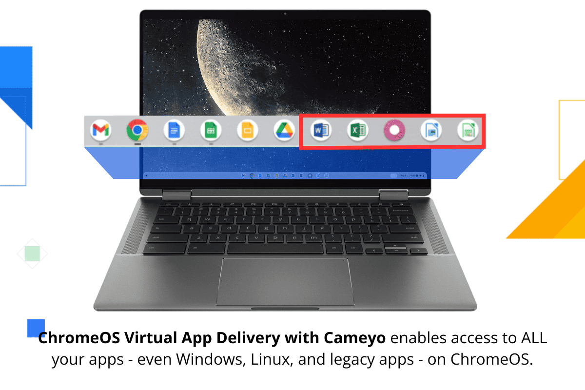 A Chromebook with the Cameyo app portal running as a PWA on its screen