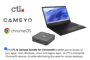 A photo of both a CTL Chromebook and CTL Chromebox with the CTL, Cameryo, and ChromeOS logos