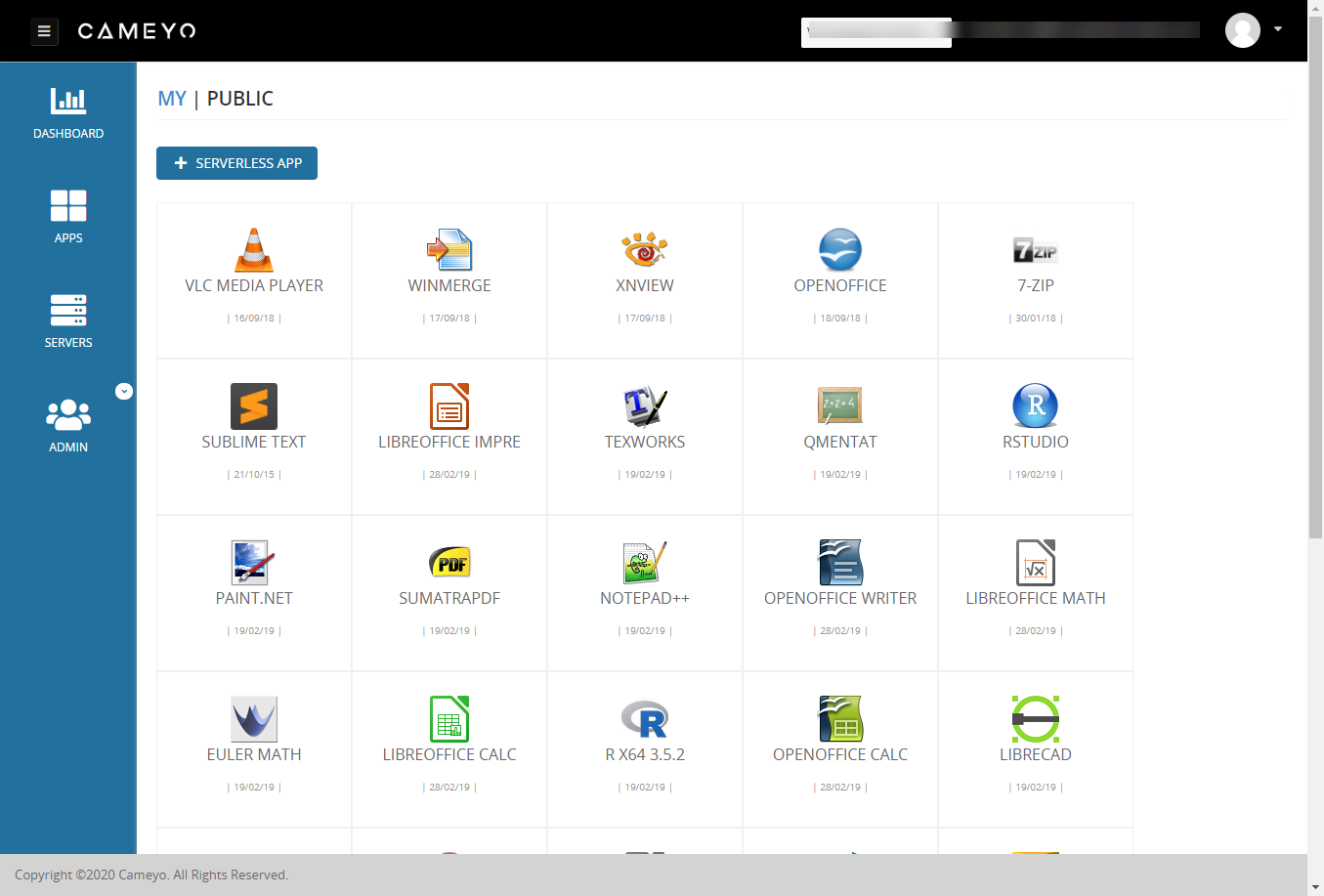 Screenshot of Cameyo's Digital Workspace platform 