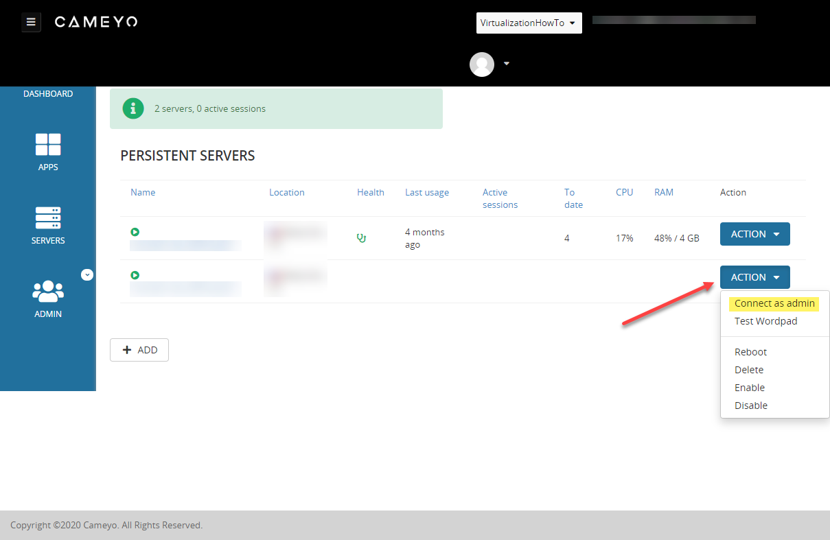 Cameyo dashboard showing how to add an admin