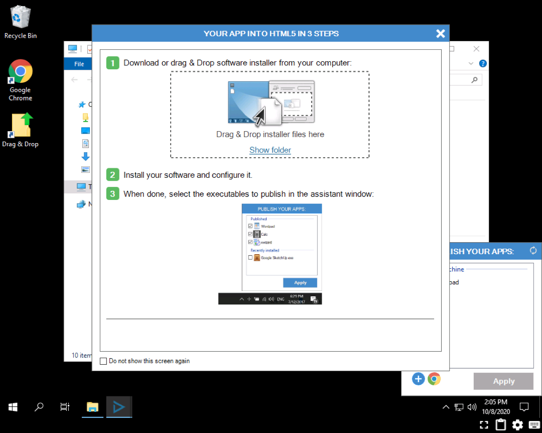 Cameyo dashboard showing how to install an app