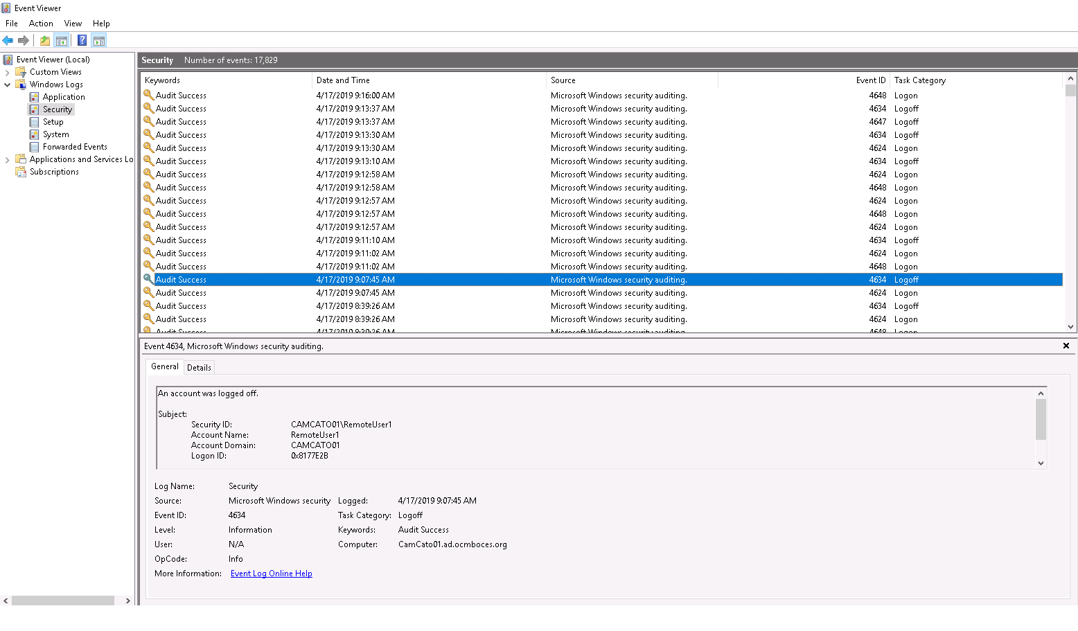 Screenshot showing that RemoteUser1's login was successful at 9:07:45am but immediately followed by a logoff event